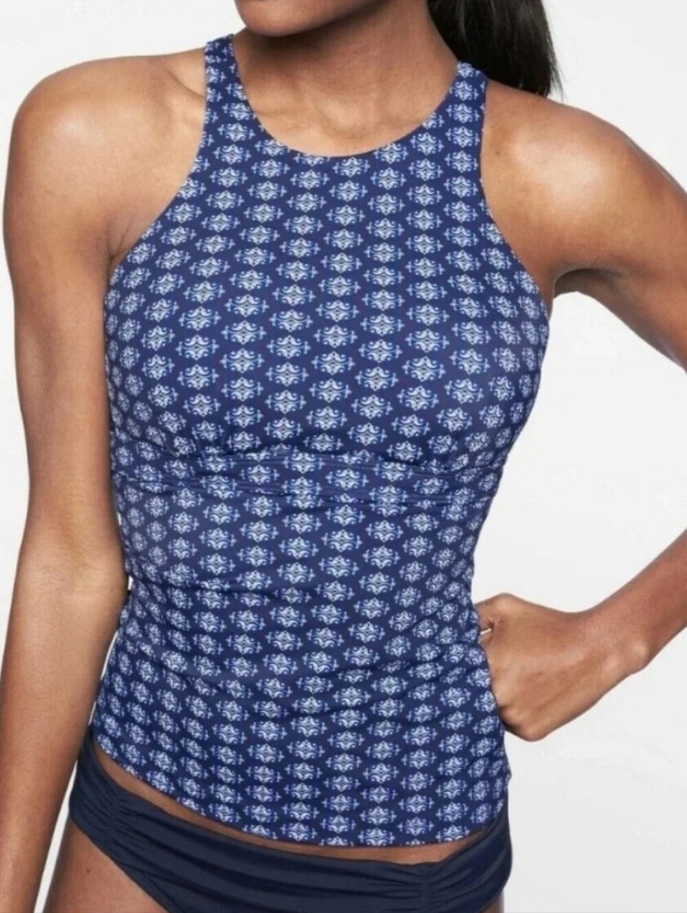 Athleta Tangier high-neck tankini top in a blue and white geometric tile pattern